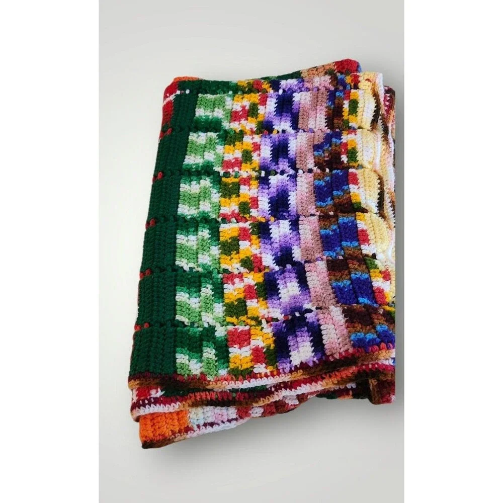 Vintage Crochet Knitted‎ Grannycore Blanket Afghan Retro 67 x 48Colorful